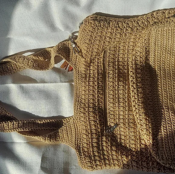 The Sak Tan Crocheted Stitch Purse Handbag Two Shoulder Straps Tan Lining - Picture 2 of 9